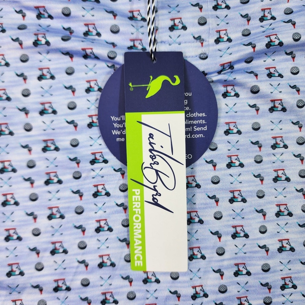 TailorByrd Performance Golf Polo Mens XL Shirt Blue Golf Cart Pattern AOP SPF-30 - Picture 3 of 16